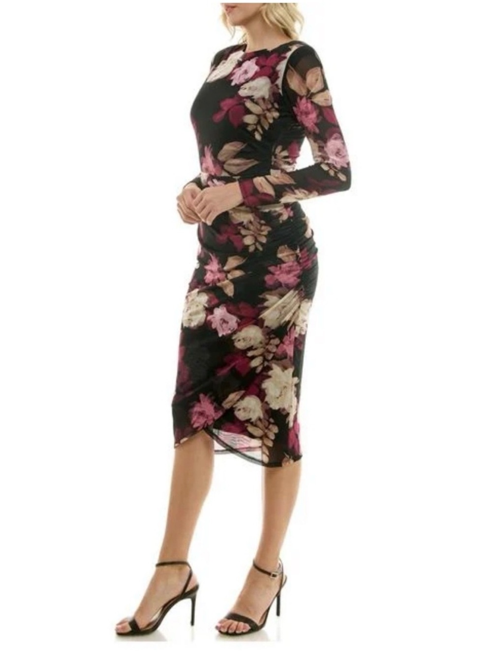 Taylor Floral Mesh Ruched Midi Dress 16W Black Pink Long Sleeve Plus - Picture 2 of 14